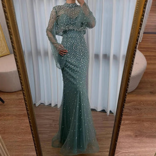 Turquoise Beaded Mermaid Evening Dress with Detachable High-Neck Overlay and Strapless Inner Gown