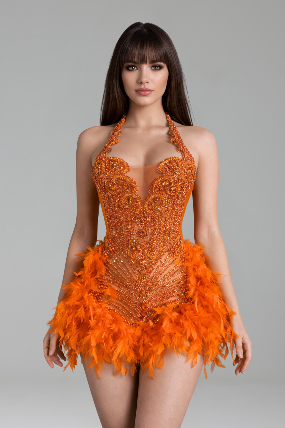 Beaded Halter Feather Mini Dress-Larosabride