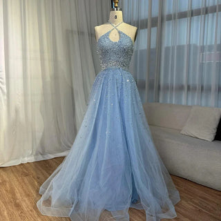 Ships in 2 to 5 Days - Customized Saudi Arabic Caramel Halter Beaded Tulle A-Line Evening Dress – Party Gown for Formal Occasions
