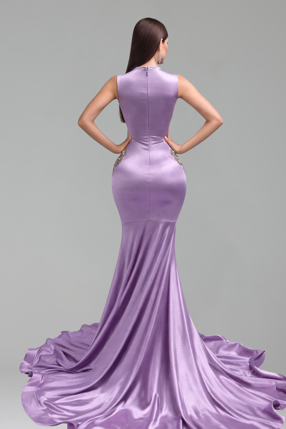 Illusion Cutout Embellished Satin Mermaid Gown - LAROSABRIDE