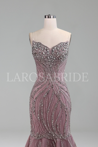 Pink Beaded Mermaid Evening Gown - LAROSABRIDE
