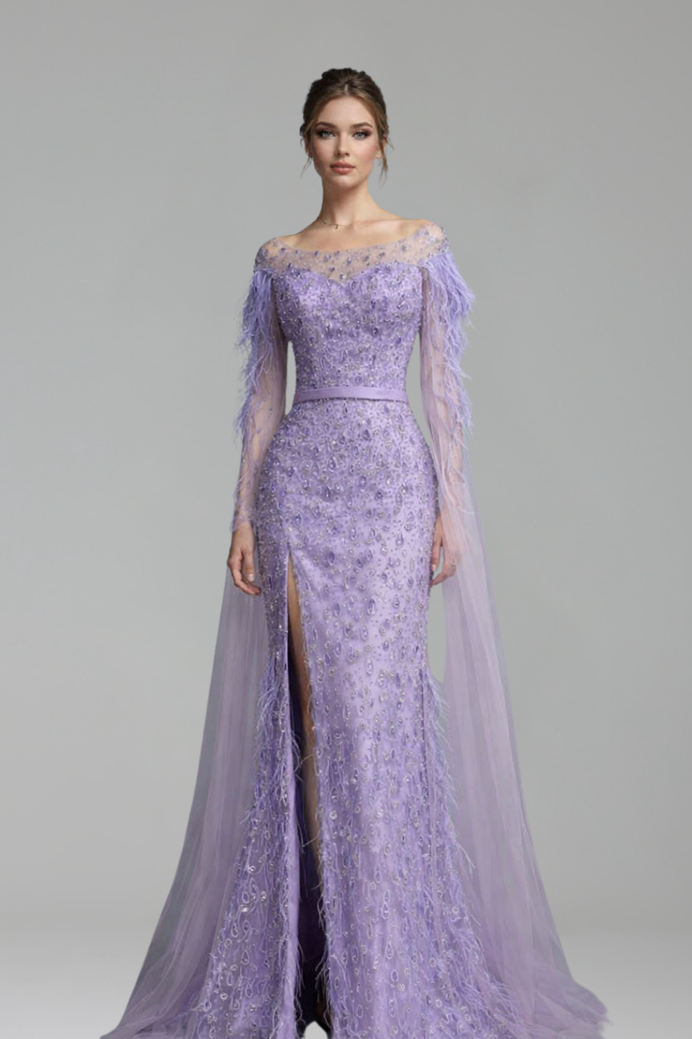 Cape-Sleeve Feather Beaded Mermaid Dress-Larosabride