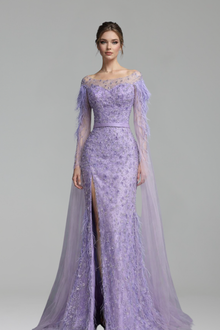 Cape-Sleeve Feather Beaded Mermaid Dress-Larosabride
