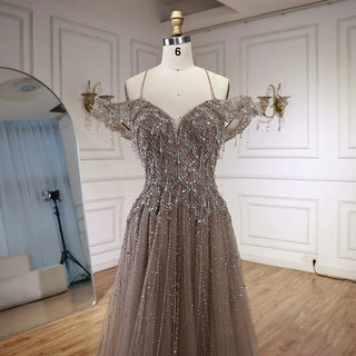 Ships in 2 to 5 Days - Luxury Customized Gray Beaded Arabic Off-Shoulder A-Line Evening Dress – 2025 Collection