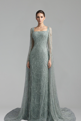 Pearl Beaded Dress with Cape Sleeves