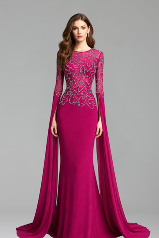 Mermaid Dress with Cape Sleeves and Beaded Gloves