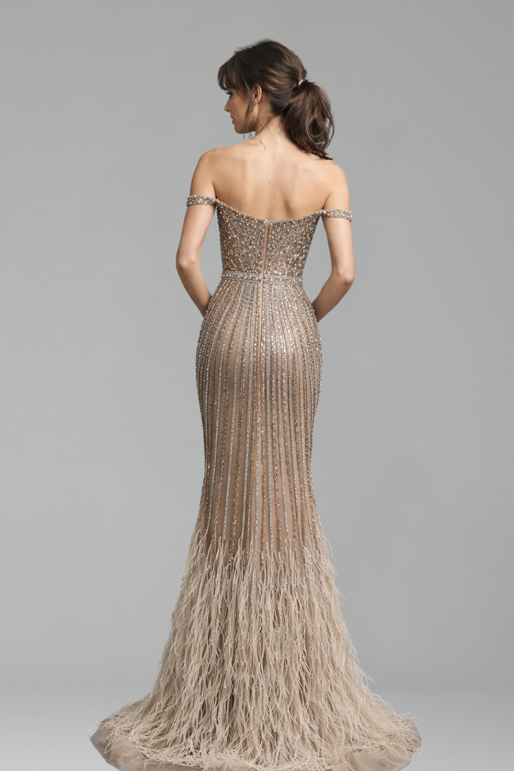 Caramel Mermaid Gown with Feathers and Beads - LAROSABRIDE