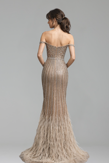 Caramel Mermaid Gown with Feathers and Beads - LAROSABRIDE