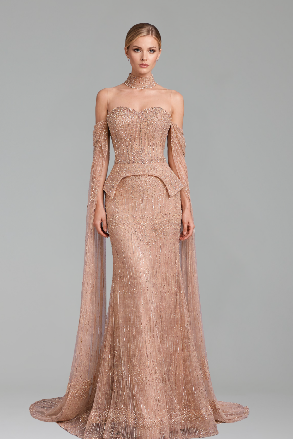 Off-Shoulder Crystal Cape Dress-Larosabride