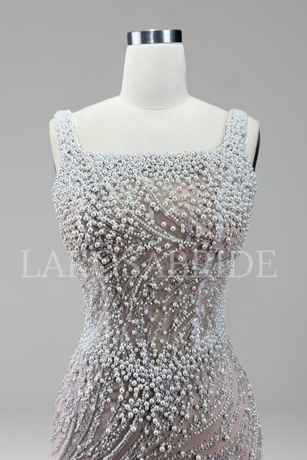 White Nude Spaghetti Strap Beaded Gown - LAROSABRIDE