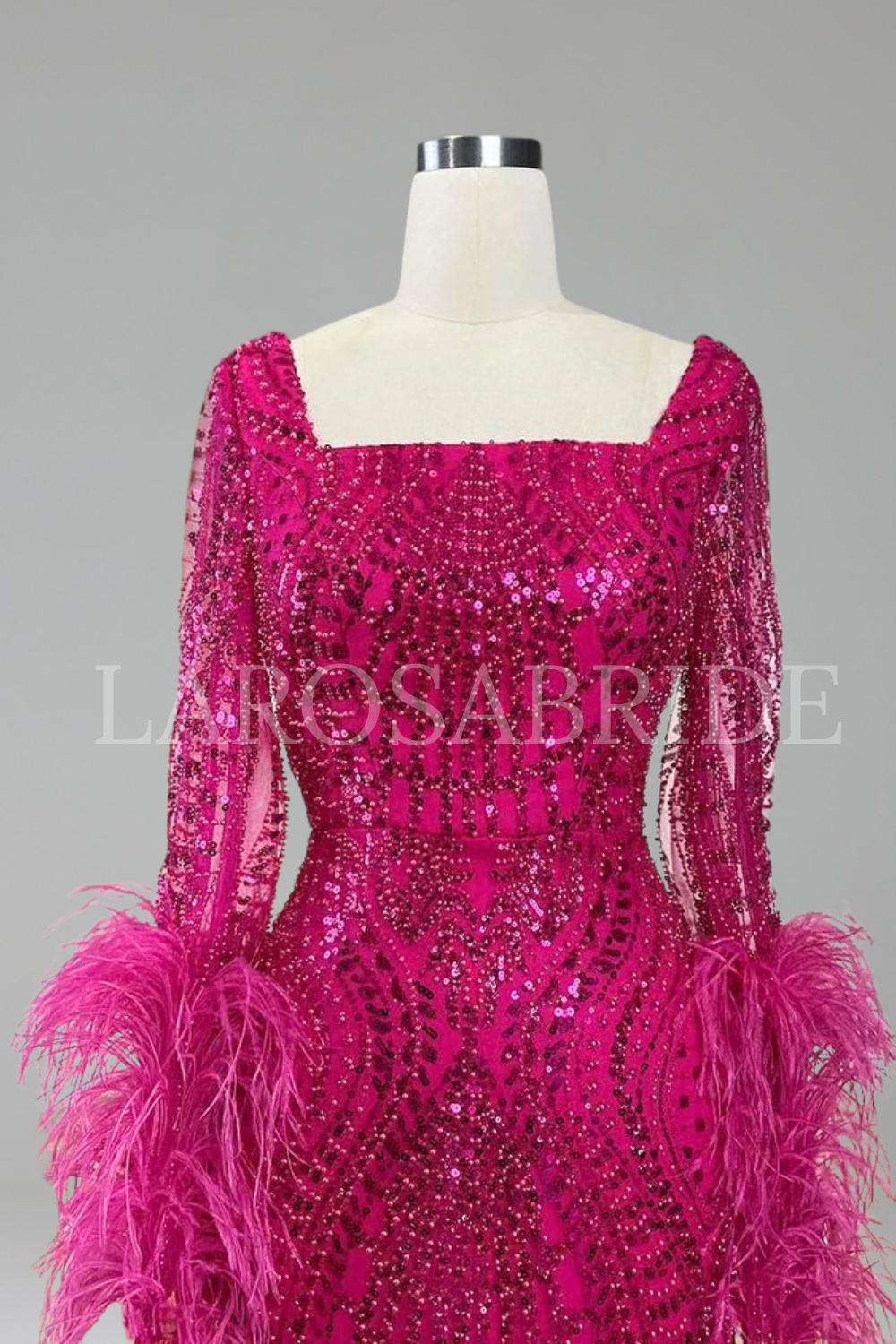 Fuchsia Beaded Feathered Mermaid Gown - LAROSABRIDE