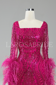 Fuchsia Beaded Feathered Mermaid Gown - LAROSABRIDE