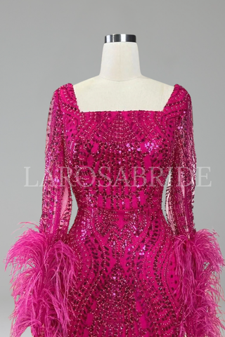 Fuchsia Beaded Feathered Mermaid Gown - LAROSABRIDE