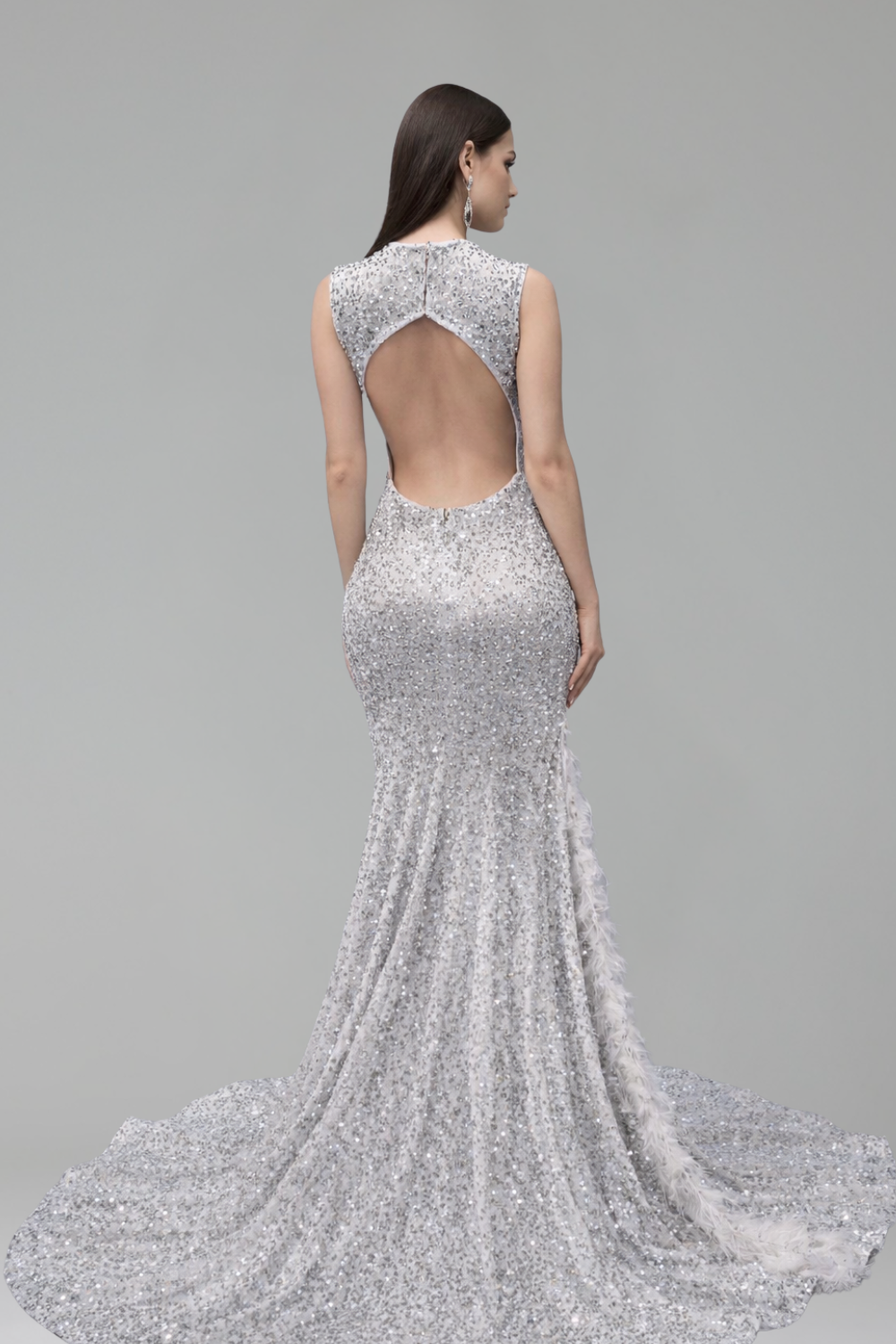 Illusion Embroidered Feathered Slit Gown - LAROSABRIDE