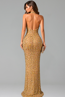 Halter Neck Beaded Fringe Slit Gown - LAROSABRIDE