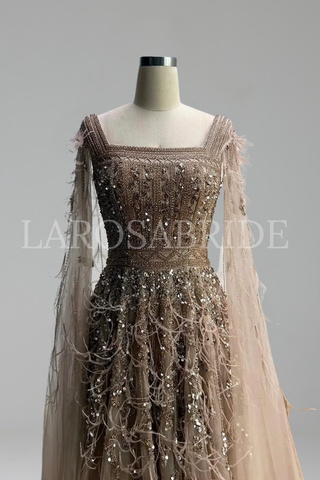 Beaded Feather A-Line Gown - LAROSABRIDE
