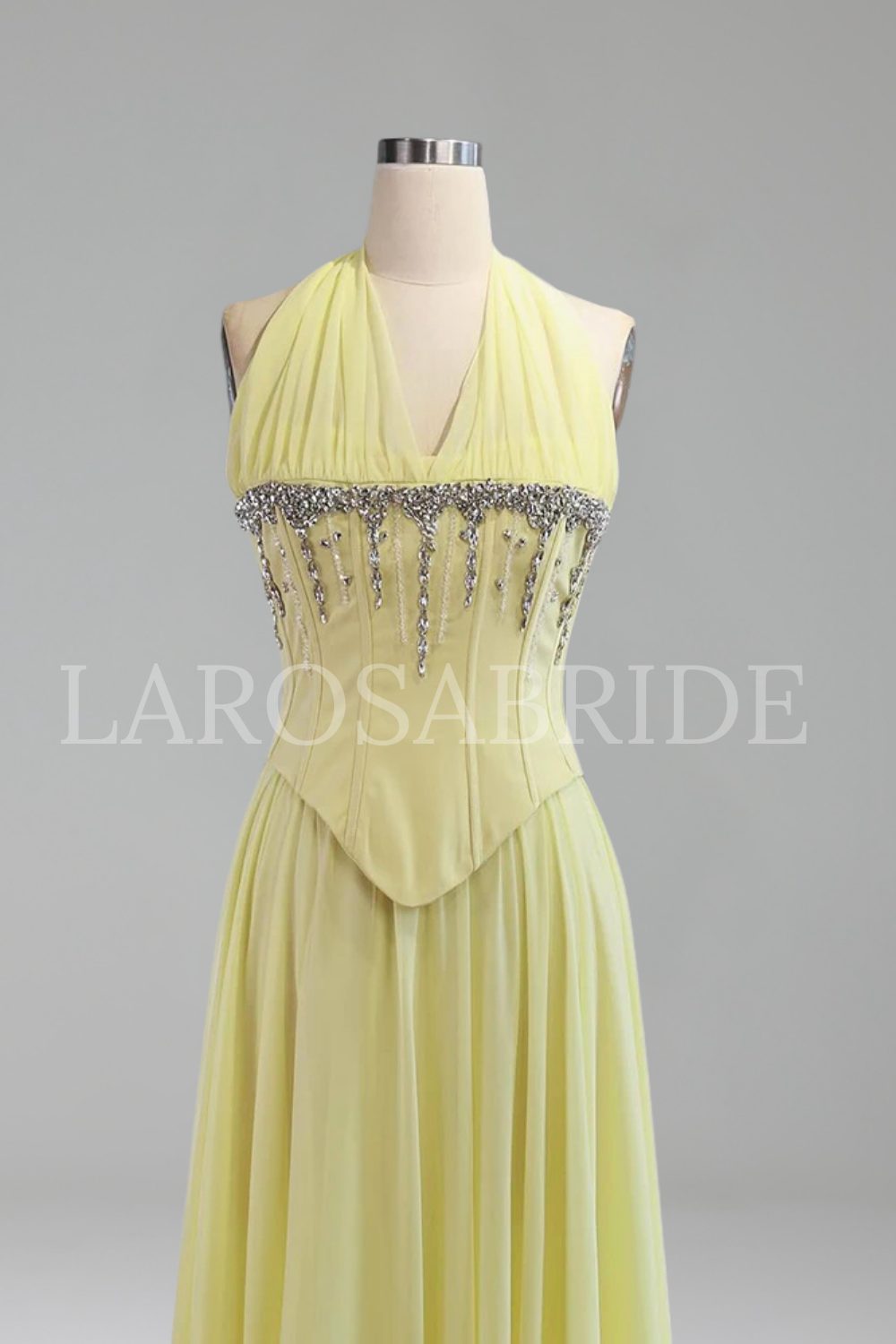 Yellow Chiffon Halter Beaded Dress - LAROSABRIDE