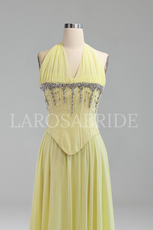 Yellow Chiffon Halter Beaded Dress - LAROSABRIDE
