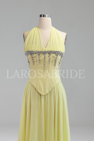 Yellow Chiffon Halter Beaded Dress - LAROSABRIDE