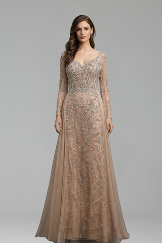 Nude Embellished Long-Sleeve A-Line Gown