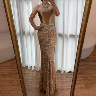 Ships in 2 to 5 Days -Luxury Beaded Corset Evening Gown with Sheer Overlay & Matching Gloves – 2025 Elegant Long Dress