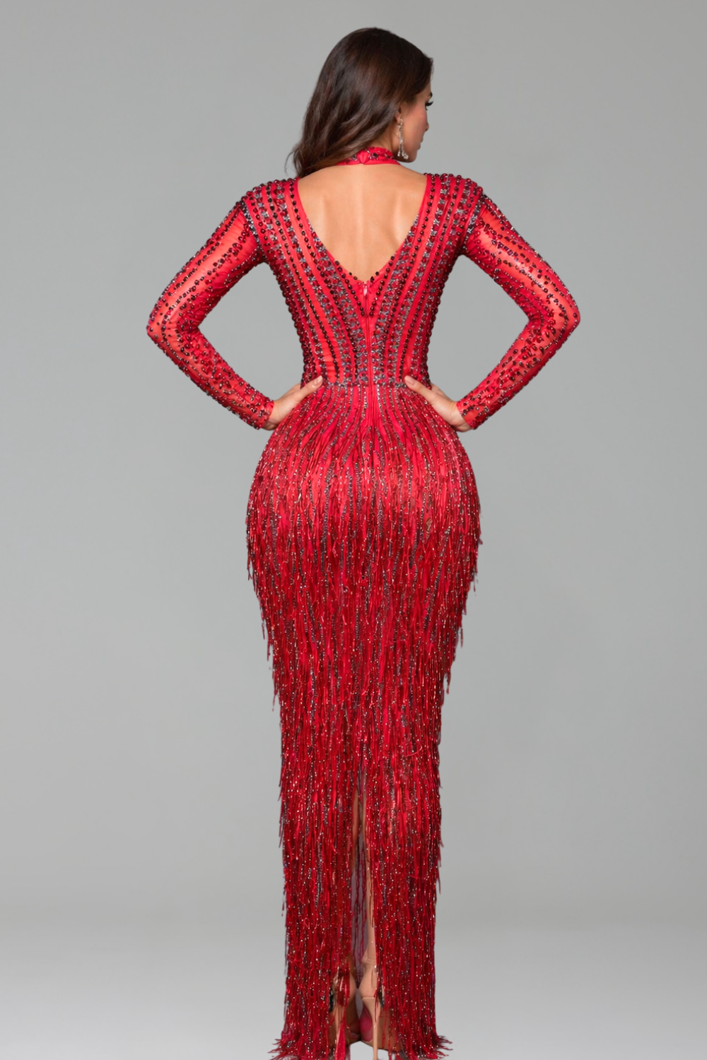 High Neck Embellished Fringe Evening Gown - LAROSABRIDE