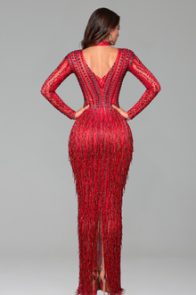 High Neck Embellished Fringe Evening Gown - LAROSABRIDE