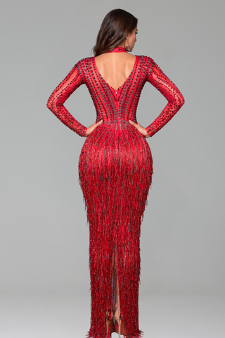 High Neck Embellished Fringe Evening Gown
