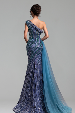 Blue One-Shoulder Beaded Mermaid Gown with Split - LAROSABRIDE