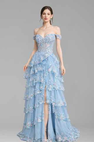 Spaghetti Strap High-Slit Lace A-Line Dress-Larosabride