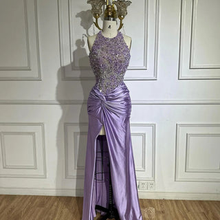 Ships in 2 to 5 Days - 2025 Arabic Lilac Halter Neck Side Slit Mermaid Luxury Dubai Evening Gown Beaded Dress for Women's Party