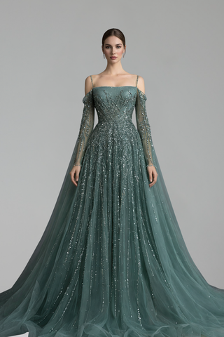 Long-Sleeve Cape A-Line Dress