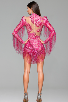 Fringed Embellished Sheer Cutout Mini Dress - LAROSABRIDE