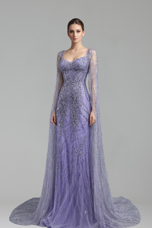 Cape-Sleeve Lace Beaded Mermaid Dress-Larosabride