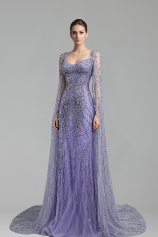 Cape-Sleeve Lace Beaded Mermaid Dress