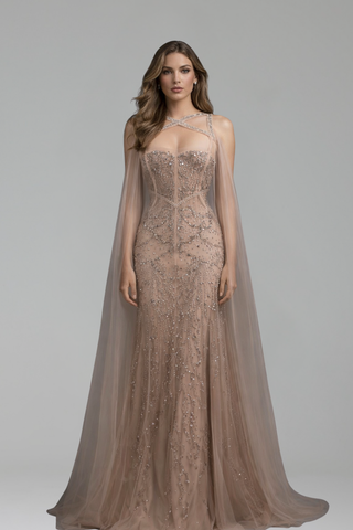 Beaded Tulle Panel Gown