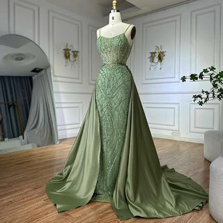 Ships in 2 to 5 Days - Sage Green Beaded Evening Gown – Elegant Dress with Detachable Overskirt for Parties