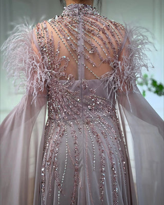Ships in 2 to 5 Days - Feather-Trimmed High Neck Beaded A-Line Evening Gown with Sheer Cape Sleeves