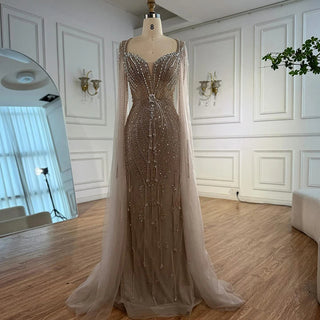 Ships in 2 to 5 Days - Luxury Beige-Pink Beaded Evening Gown – 2025 Formal Dress with Cape Sleeves