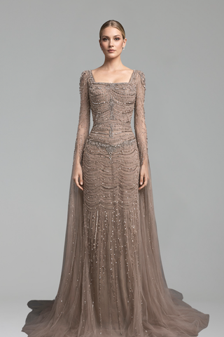 Beaded Mermaid Dress with Cape Sleeves