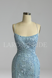 Blue Mermaid Beaded Gown with Lace-Up Back - LAROSABRIDE