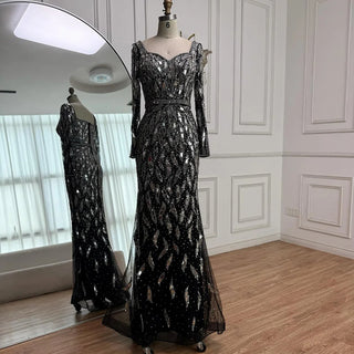Luxury Black & Silver Sequin‑Embellished Mermaid Evening Gown – Long‑Sleeve 2025 Edition