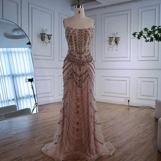 Ships in 2 to 5 Days -2025 Custom Green Saudi-Inspired Evening Dress – Strapless Beaded Formal Gown