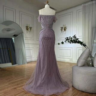 Ships in 2 to 5 Days -2025 Custom Saudi-Style Off-Shoulder Beaded Nude Tulle Mermaid Evening Dress – Formal Occasion Gown