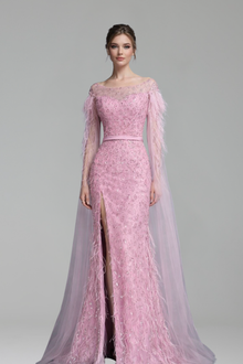 Cape-Sleeve Feather Beaded Mermaid Dress-Larosabride