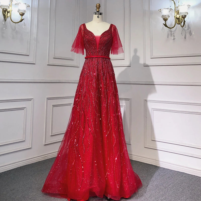 2025 Gold Luxury A-Line Evening Gown: Long with Exquisite Beading and Short Flare Sleeves - Perfect for Women's Nighttime Parties