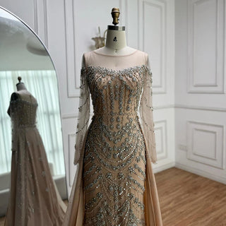 Ships in 2 to 5 Days -Luxury Beaded Off-Shoulder Evening Gown – Long Sleeve Formal Dress with Elegant Train