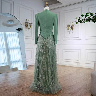 Ships in 2 to 5 Days -Elegant Sage Green Muslim Evening Dress – Modest Gown with Beaded Skirt for Wedding Parties
