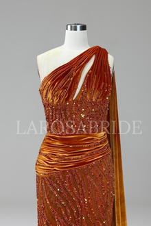 Beaded One Shoulder Mermaid Dress - LAROSABRIDE