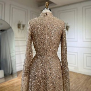 Ships in 2 to 5 Days - 2025 Muslim Nude Mermaid Cape Sleeves Luxury Dubai Evening Gown Pearls Beaded Dress for Women's Party